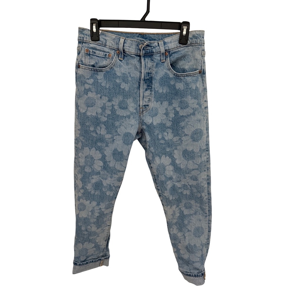Levis 501 Original Fit Floral Print Jeans Light Wash Denim W29 L28 Womens